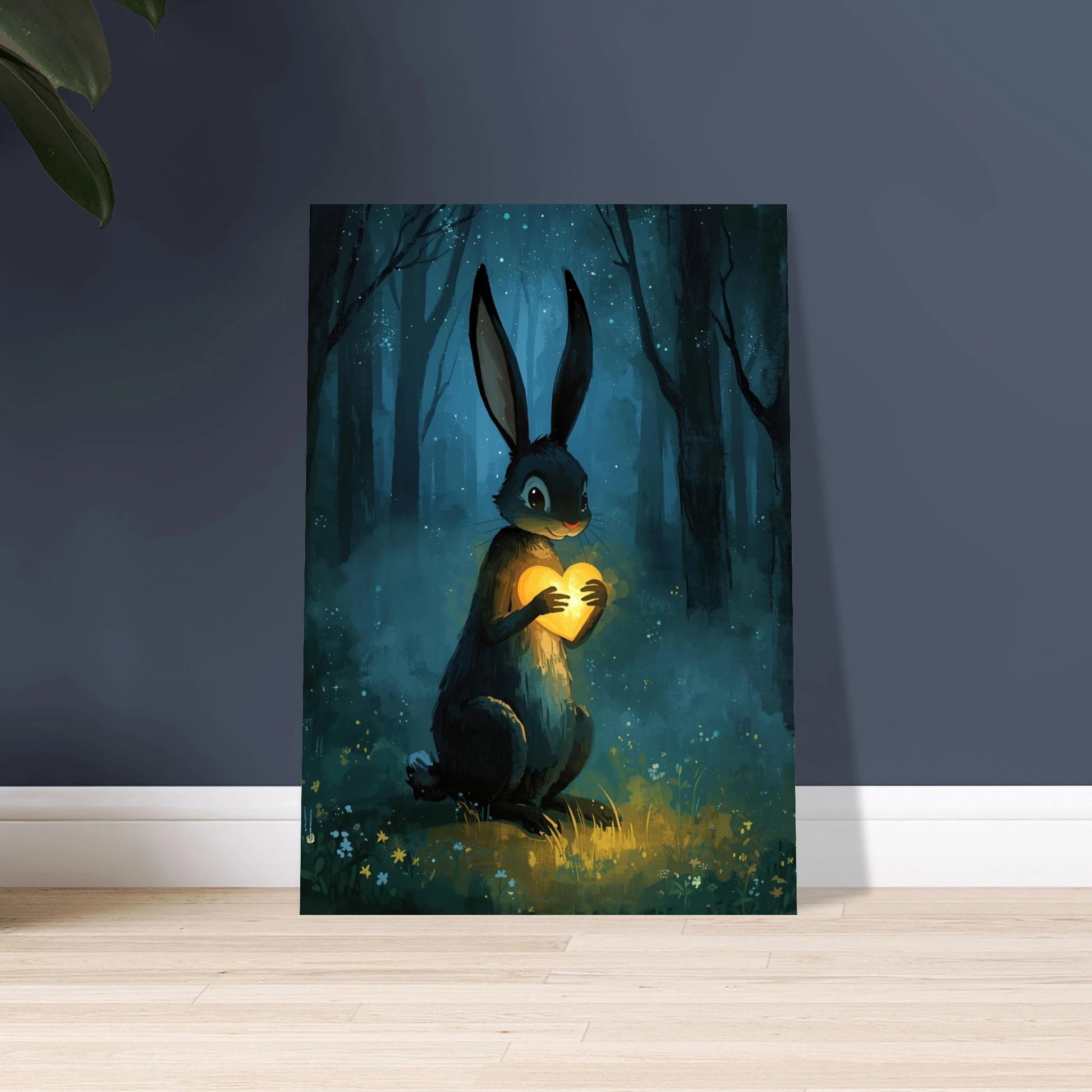 Kanin med glödande hjärta i mörk, sagolik skog. Drömsk djurposter.