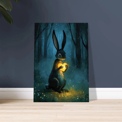Kanin med glödande hjärta i mörk, sagolik skog. Drömsk djurposter.