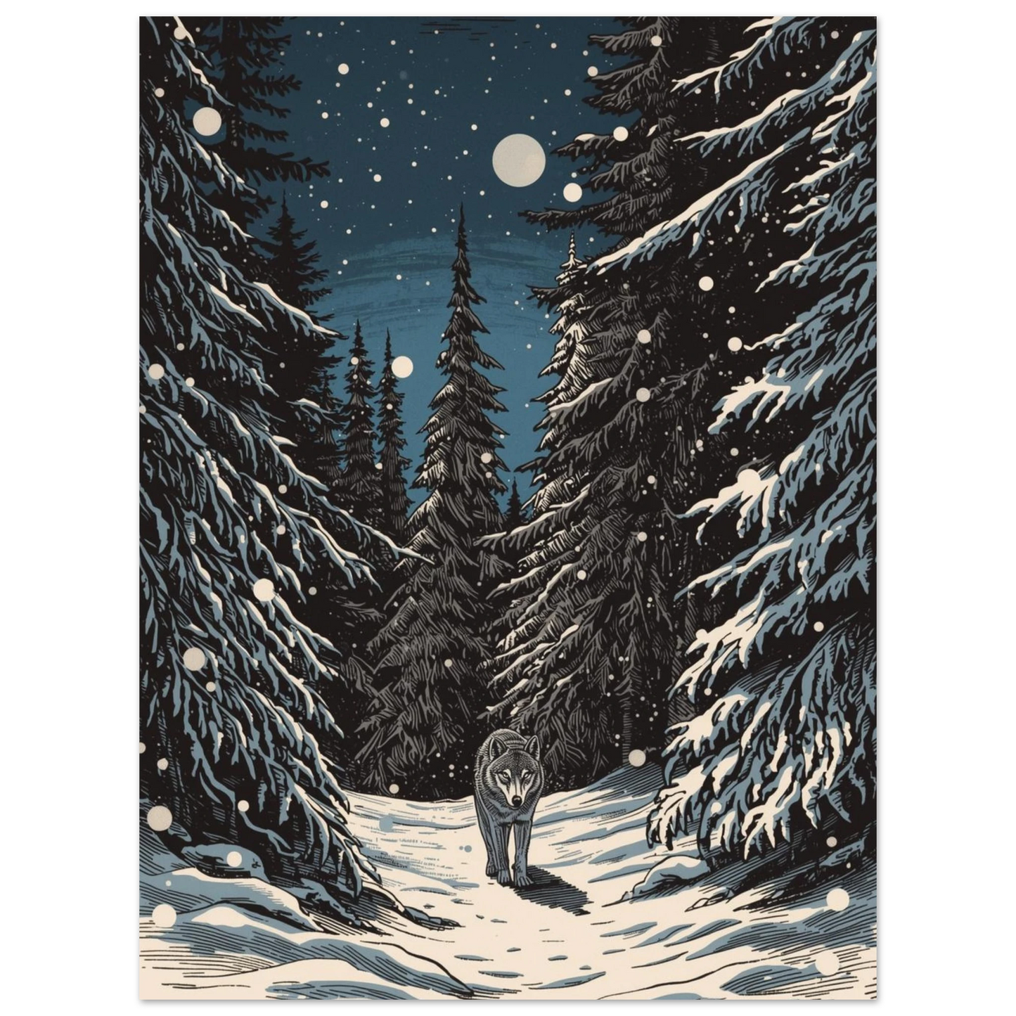 Konstnärligt print med varg som vandrar i en djupblå vinterskog