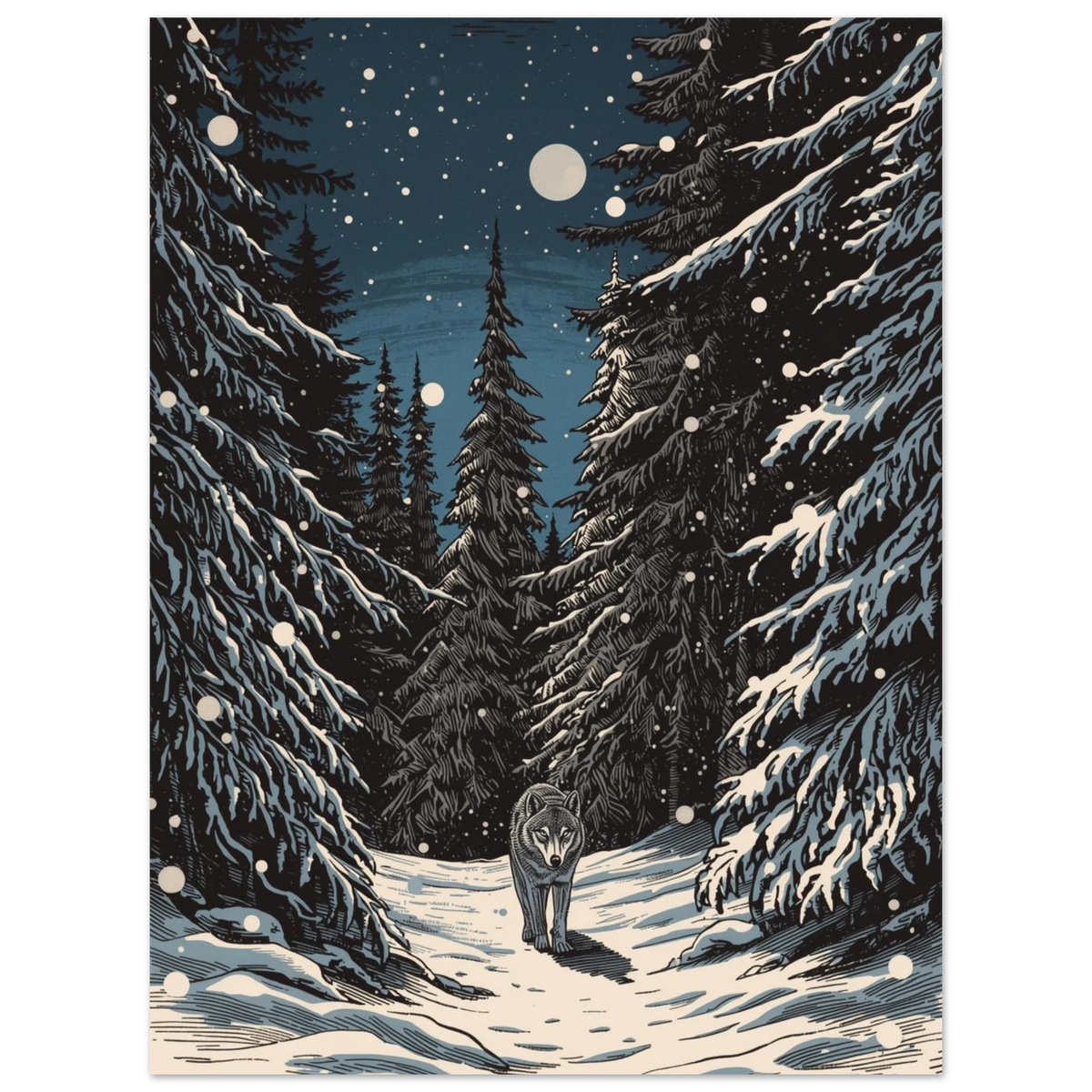 Konstnärligt print med varg som vandrar i en djupblå vinterskog