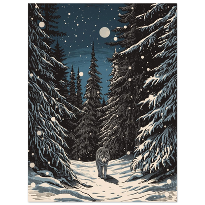 Konstnärligt print med varg som vandrar i en djupblå vinterskog