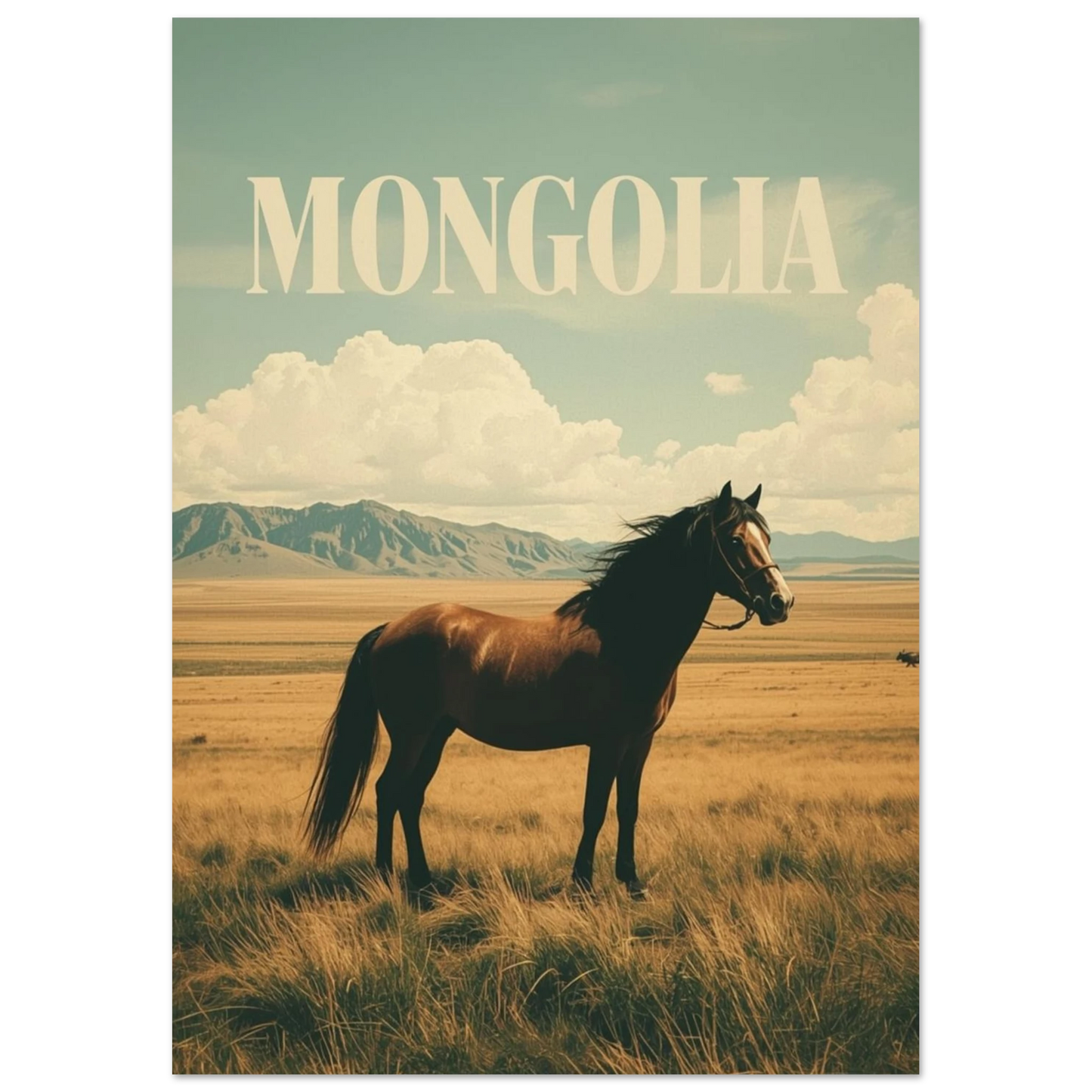 Mongolisk vildhäst i profil mot ett öppet landskap – retro reseaffisch