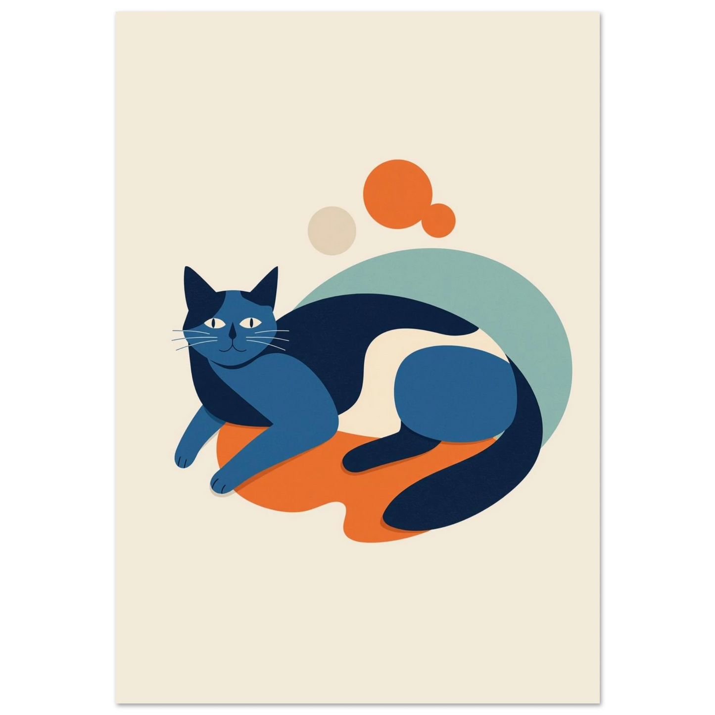 Blå katt i modern papperskonststil mot beige bakgrund med orange detaljer