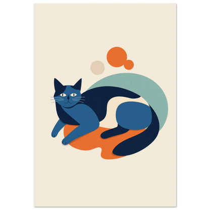 Blå katt i modern papperskonststil mot beige bakgrund med orange detaljer