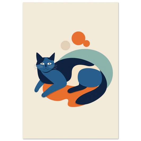 Blå katt i modern papperskonststil mot beige bakgrund med orange detaljer