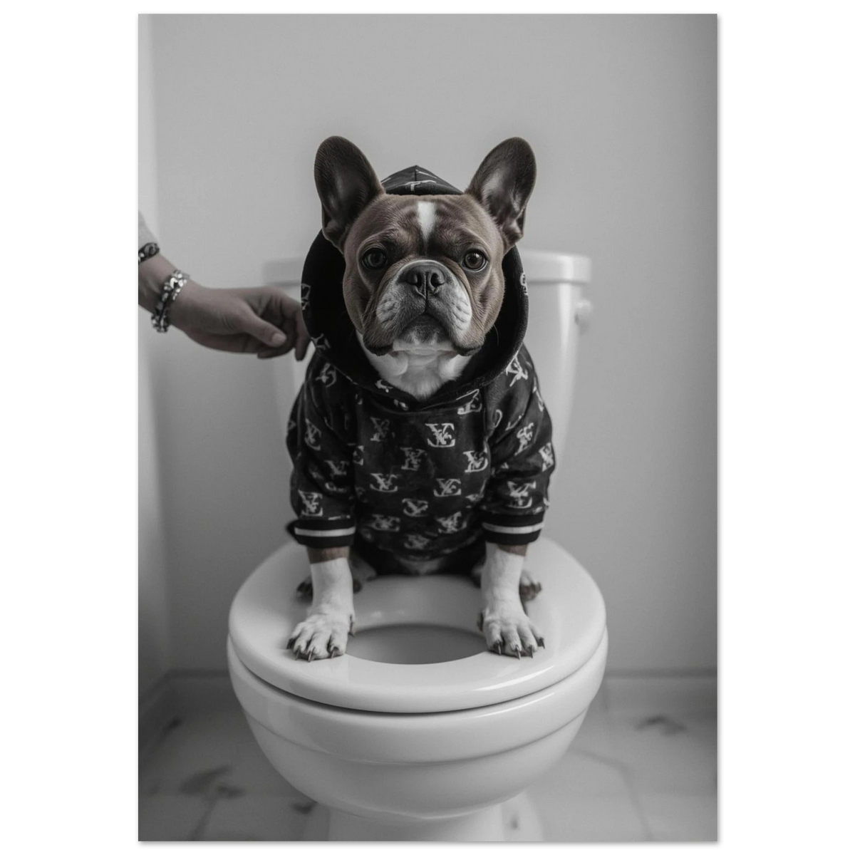 Fransk bulldog i svart mönstrad hoodie på vit toalett – humoristisk hundposter