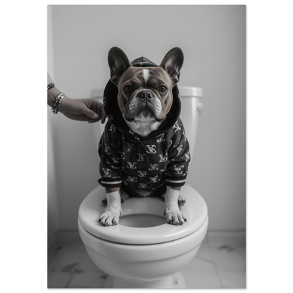 Fransk bulldog i svart mönstrad hoodie på vit toalett – humoristisk hundposter