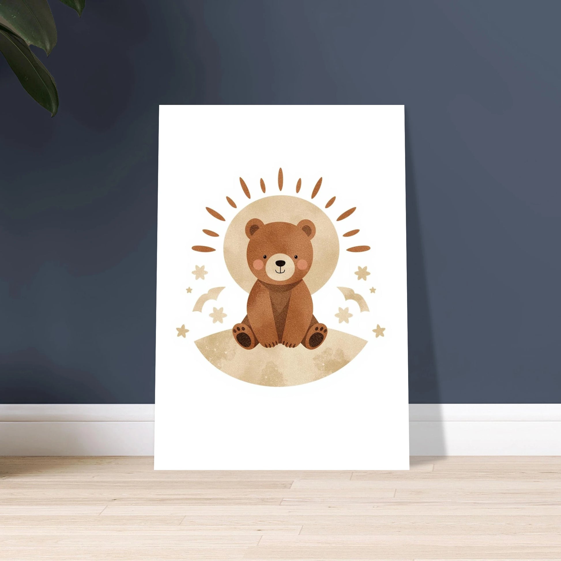 Söt liten björn i bohostil, omgiven av stjärnor och sol.