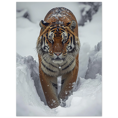 Vild tiger i kargt vinterklimat med fokus på de orangea ränderna