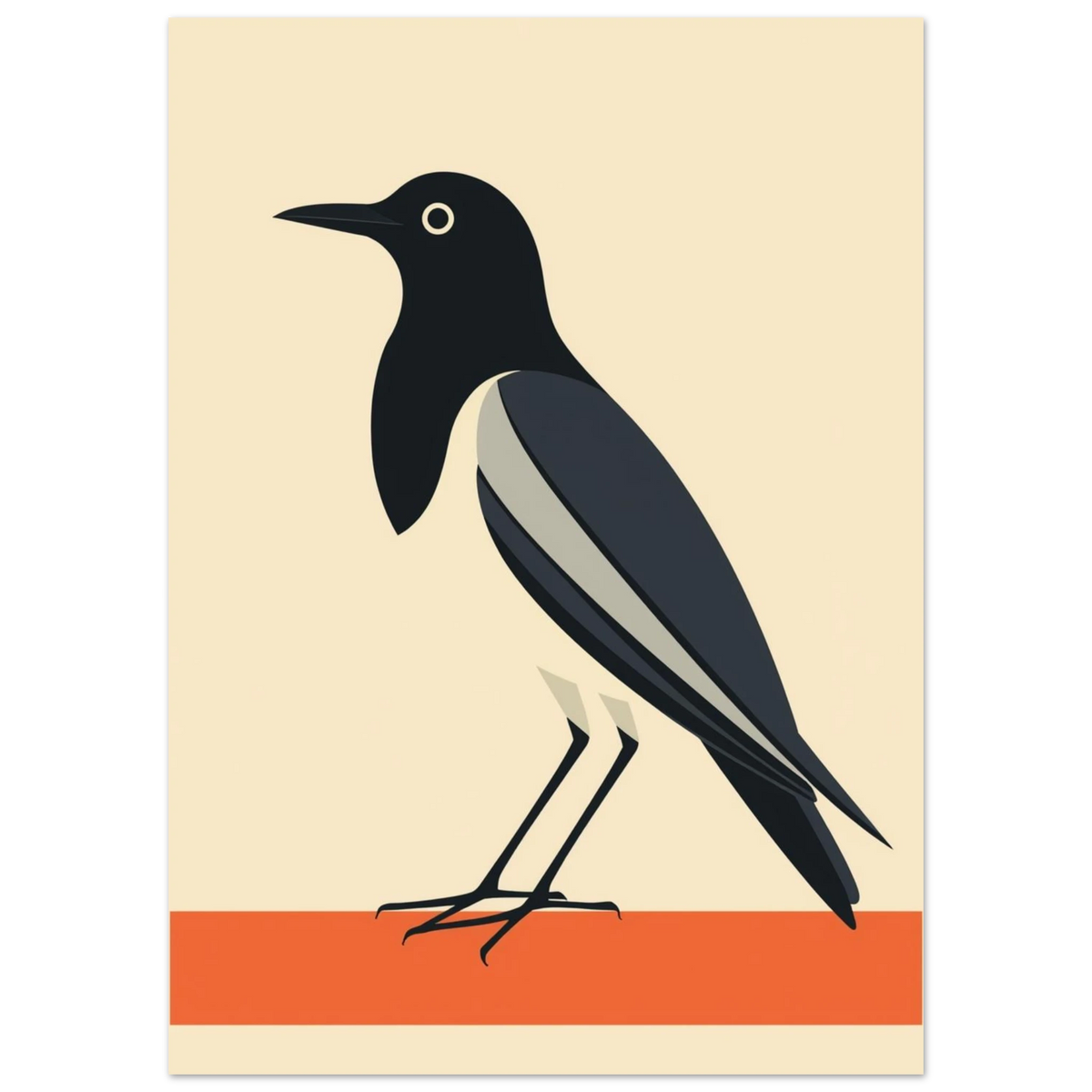 Minimalistisk djurposter föreställande en skata med geometriska linjer och orange detalj