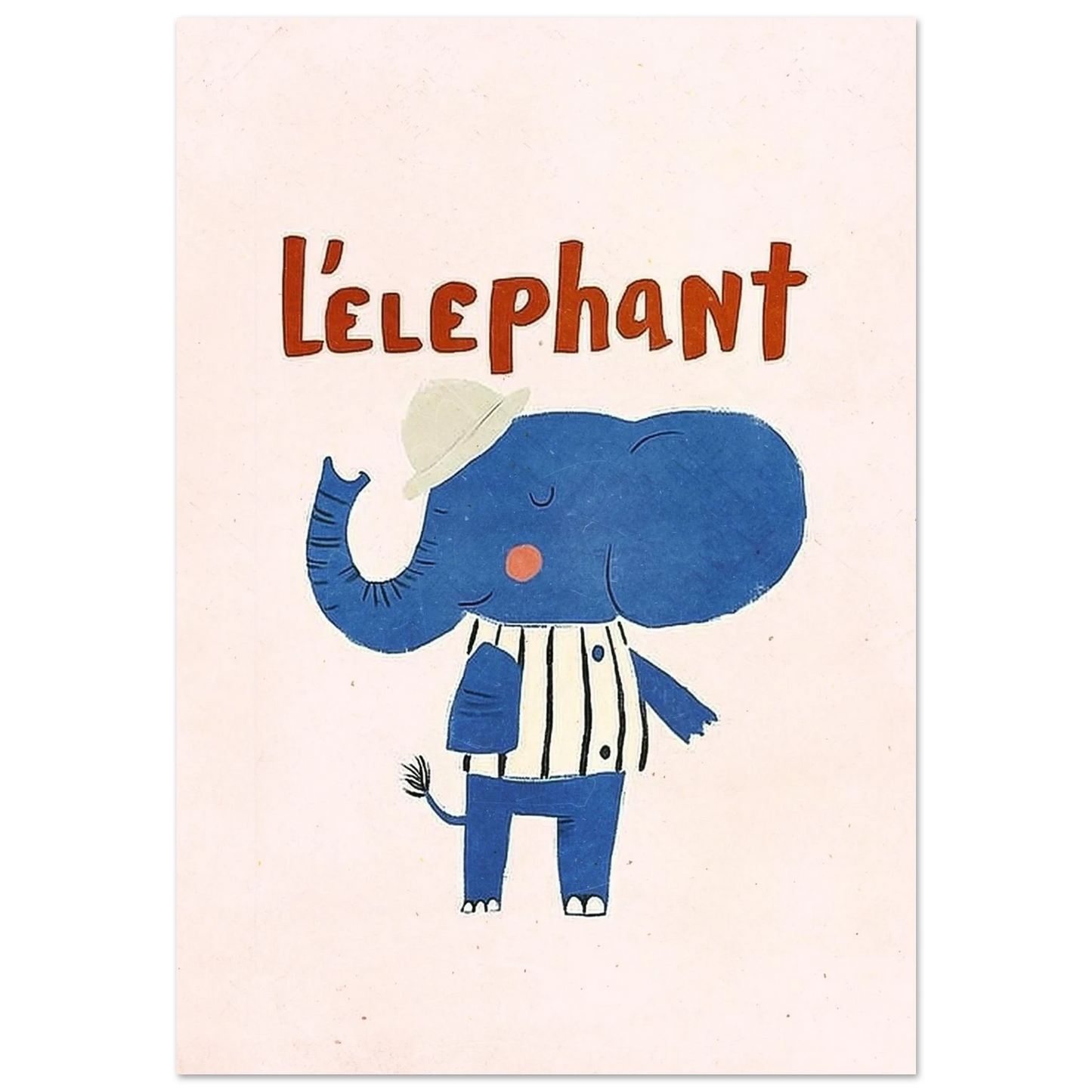 Blå elefant i vit- och mörkblårandig tröja – lekfull barnposter