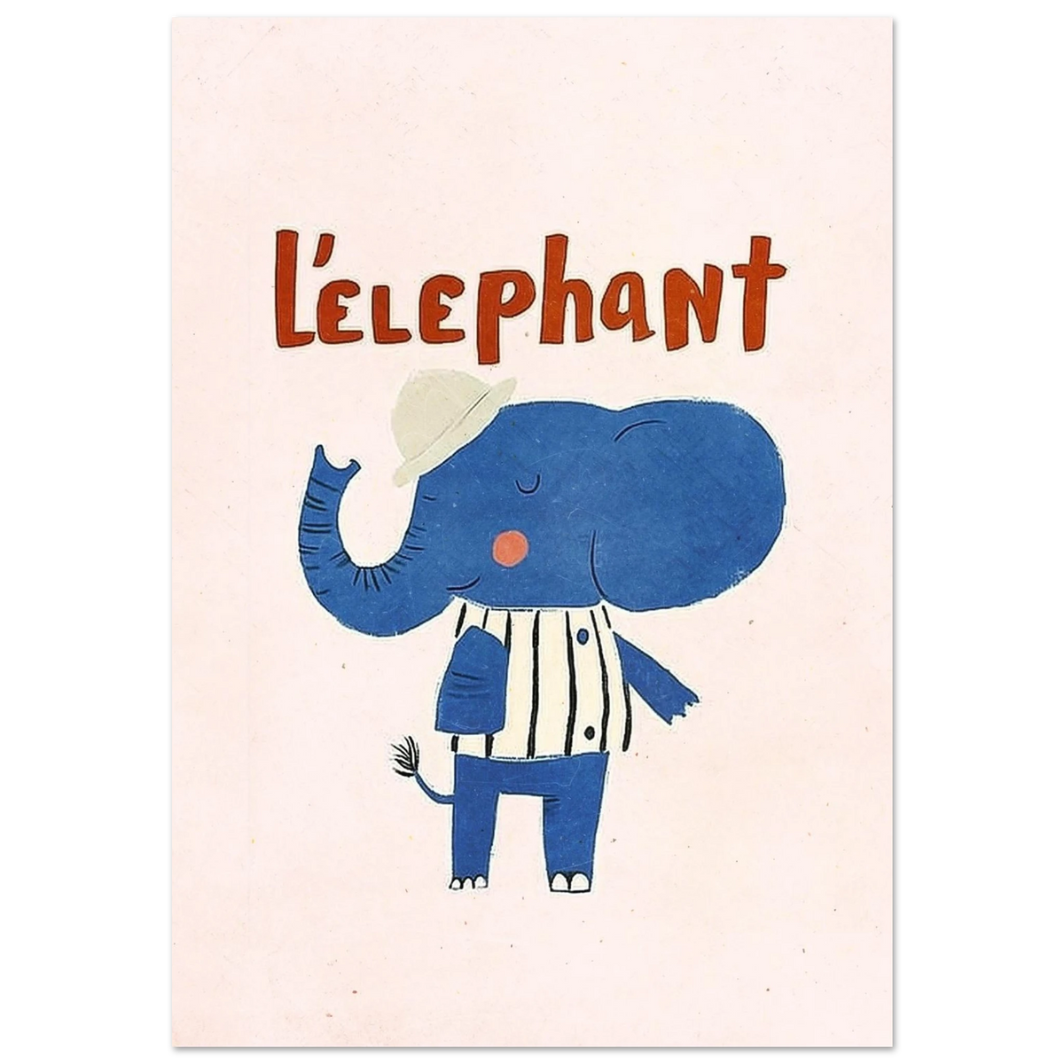Blå elefant i vit- och mörkblårandig tröja – lekfull barnposter
