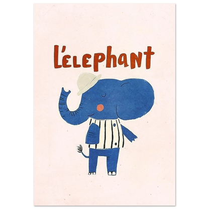 Blå elefant i vit- och mörkblårandig tröja – lekfull barnposter