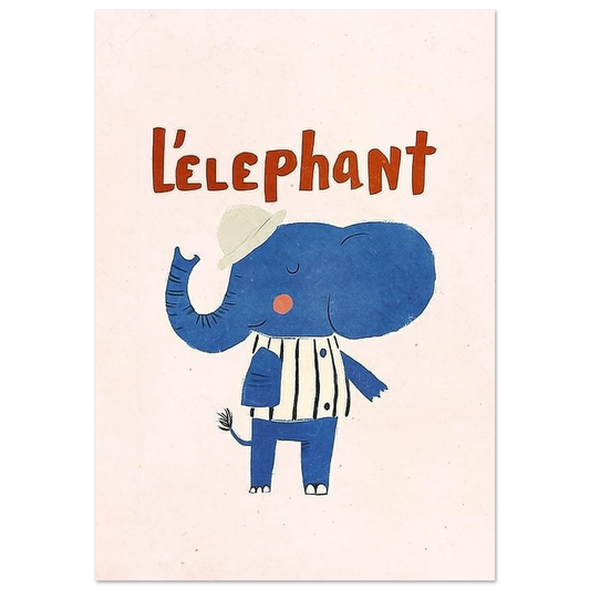 Blå elefant i vit- och mörkblårandig tröja – lekfull barnposter