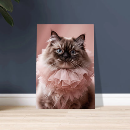 Perserkatt med blå ögon och rosa krage, drömsk stämning.