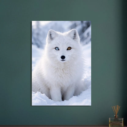 Fjällrävens ansikte med olikfärgade ögon i vitt vinterljus – Fotorealistisk poster