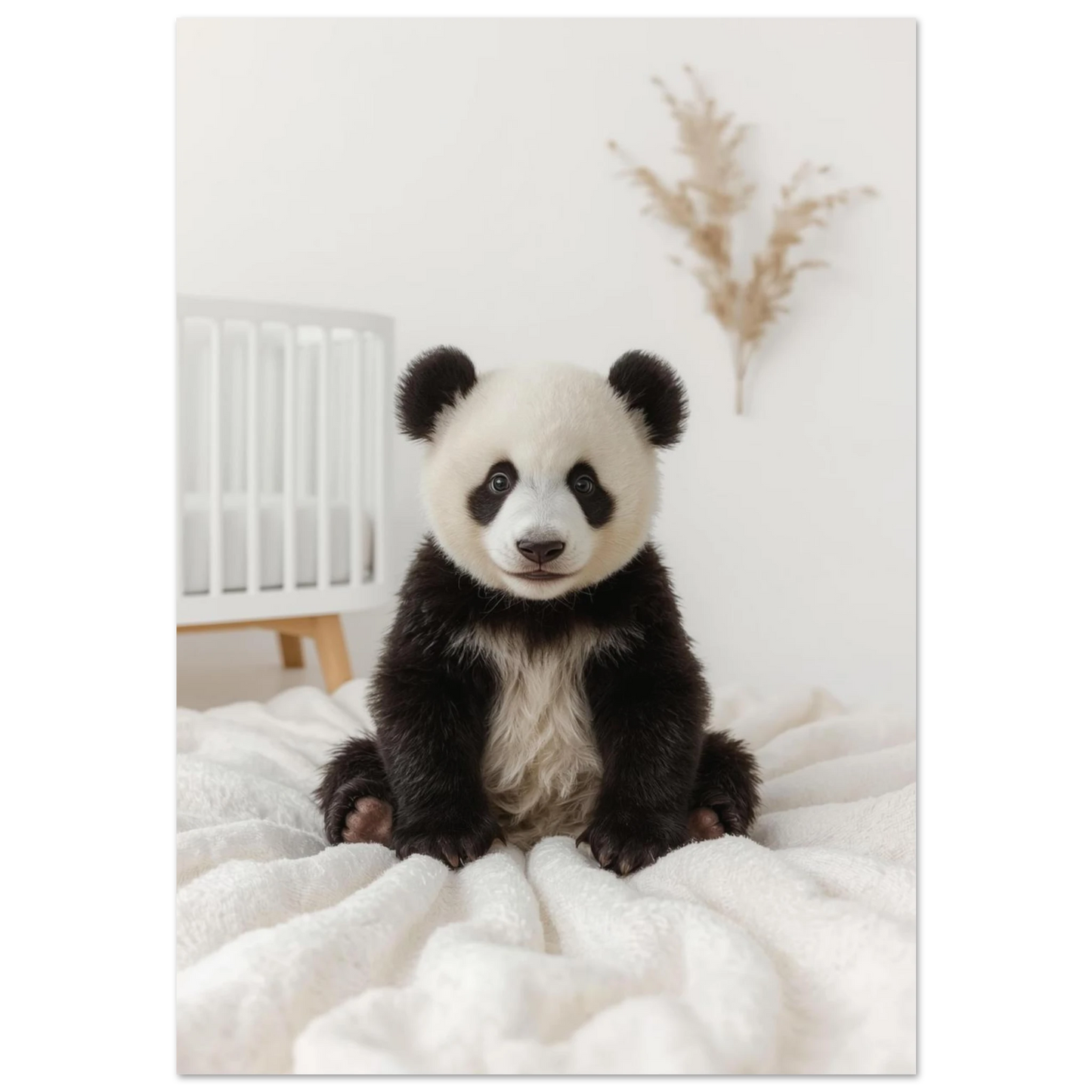 Sittande pandabebis på vit fluffig pläd i ett ljust barnrum