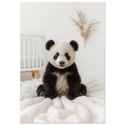 Sittande pandabebis på vit fluffig pläd i ett ljust barnrum