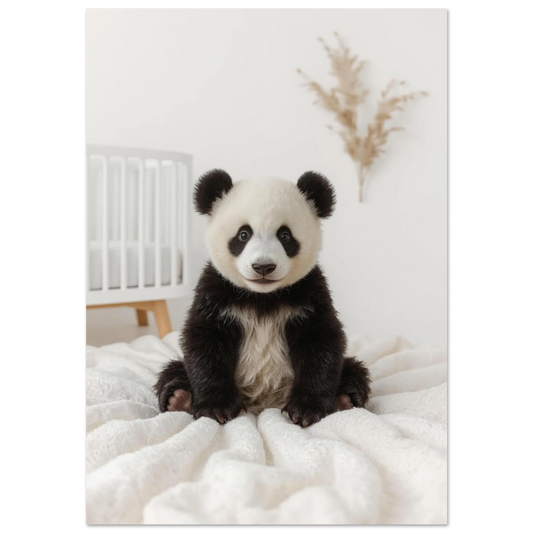Sittande pandabebis på vit fluffig pläd i ett ljust barnrum