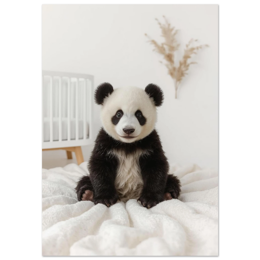 Sittande pandabebis på vit fluffig pläd i ett ljust barnrum
