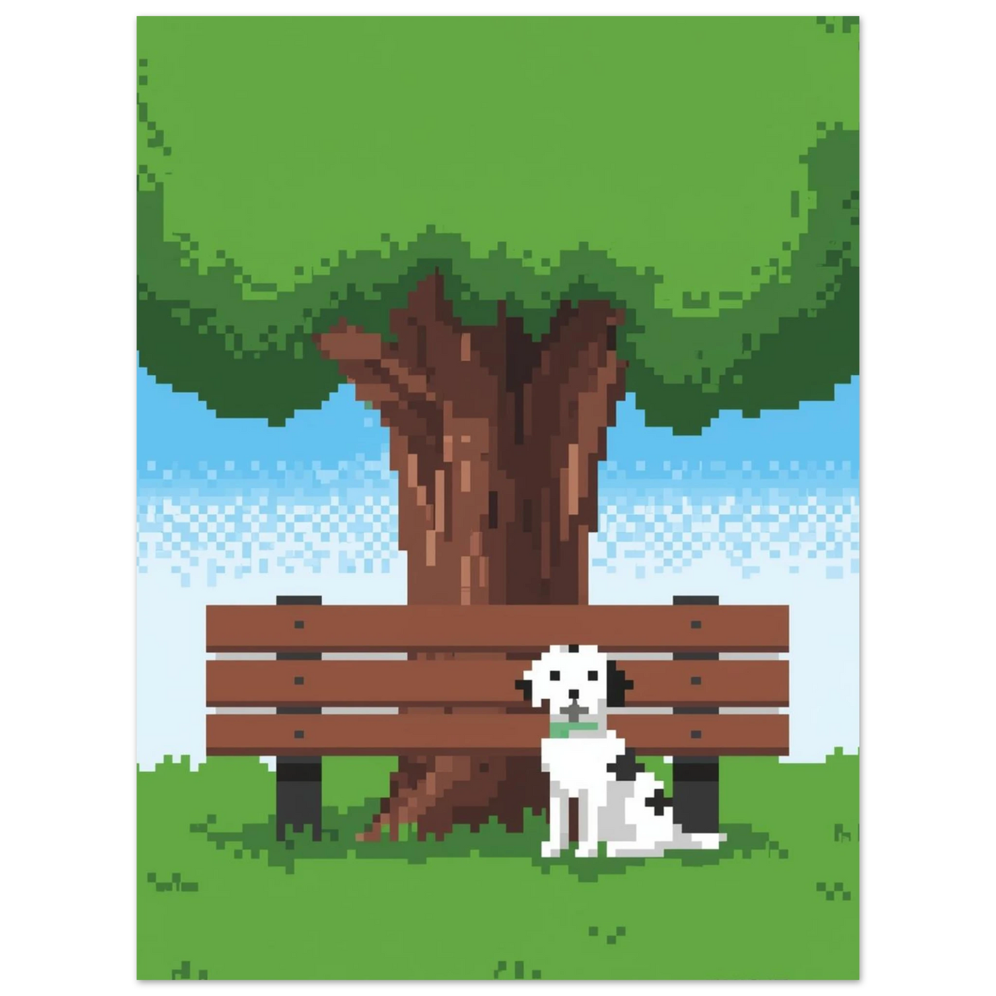 Söt hund i pixelstil sittande vid en brun träbänk i parken