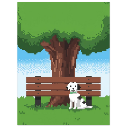 Söt hund i pixelstil sittande vid en brun träbänk i parken