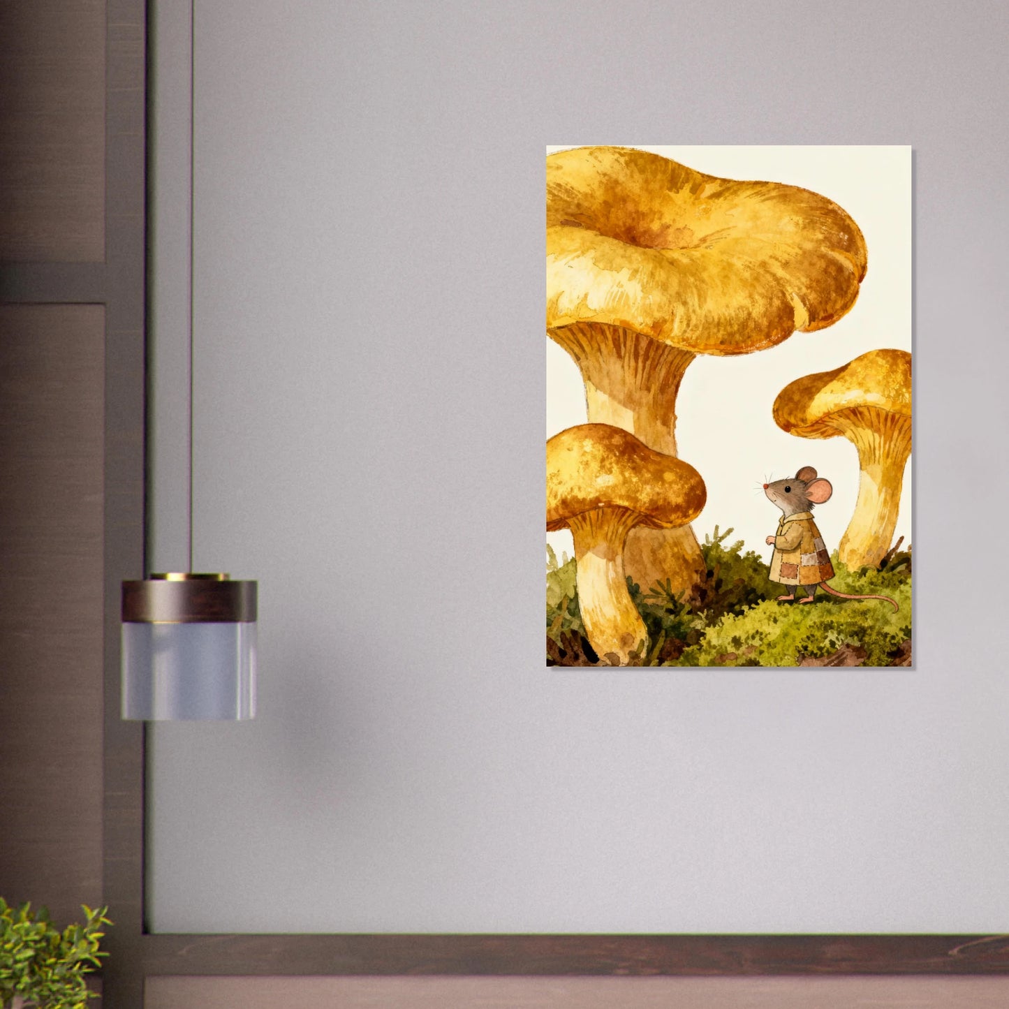 Mus i kantarellskog, bild på vägg i hemmiljö – Målad poster
