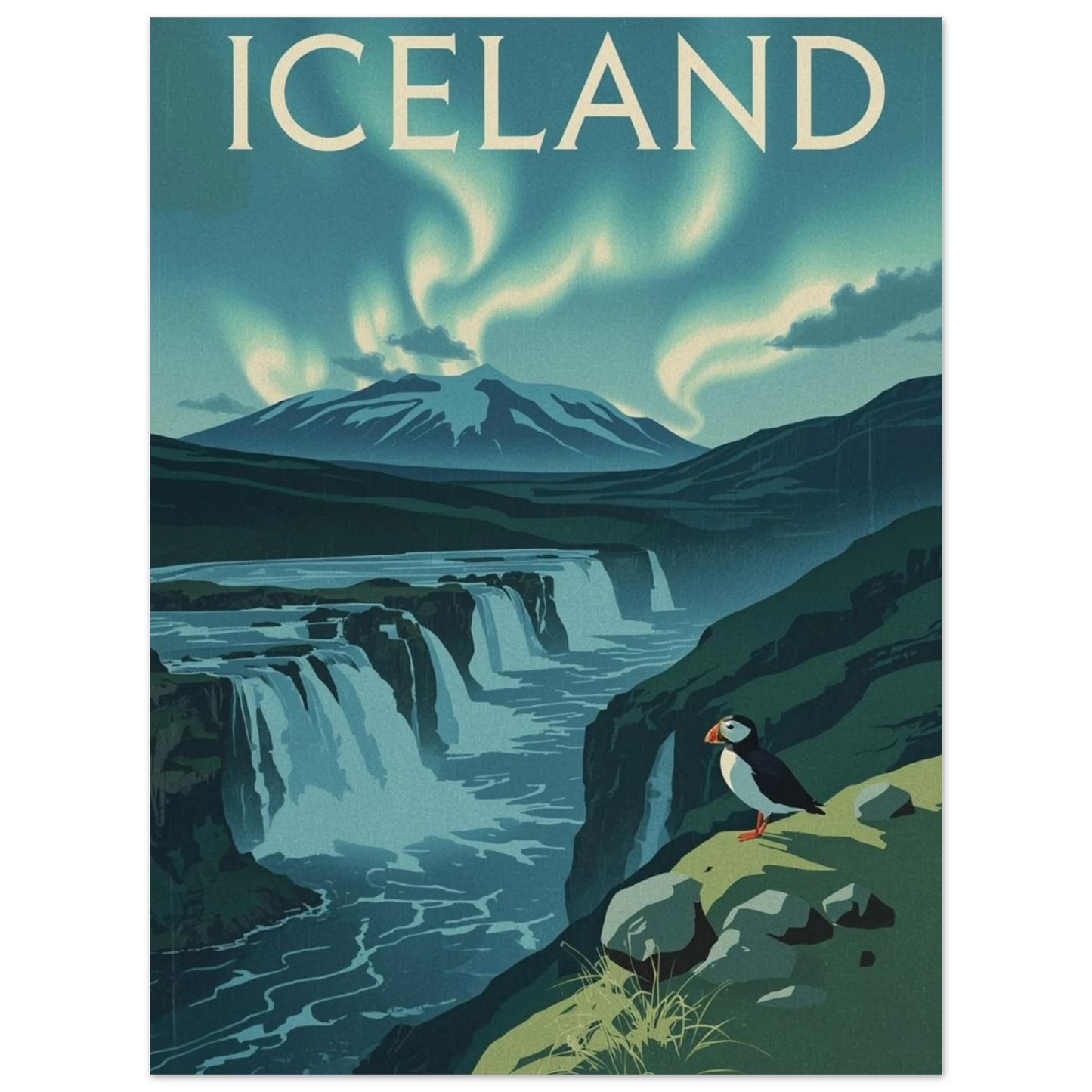 Konstnärlig djurposter med lunnefågel och norrsken över ett brusande vattenfall