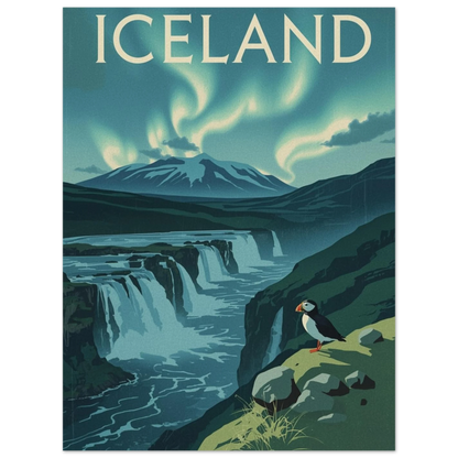 Konstnärlig djurposter med lunnefågel och norrsken över ett brusande vattenfall