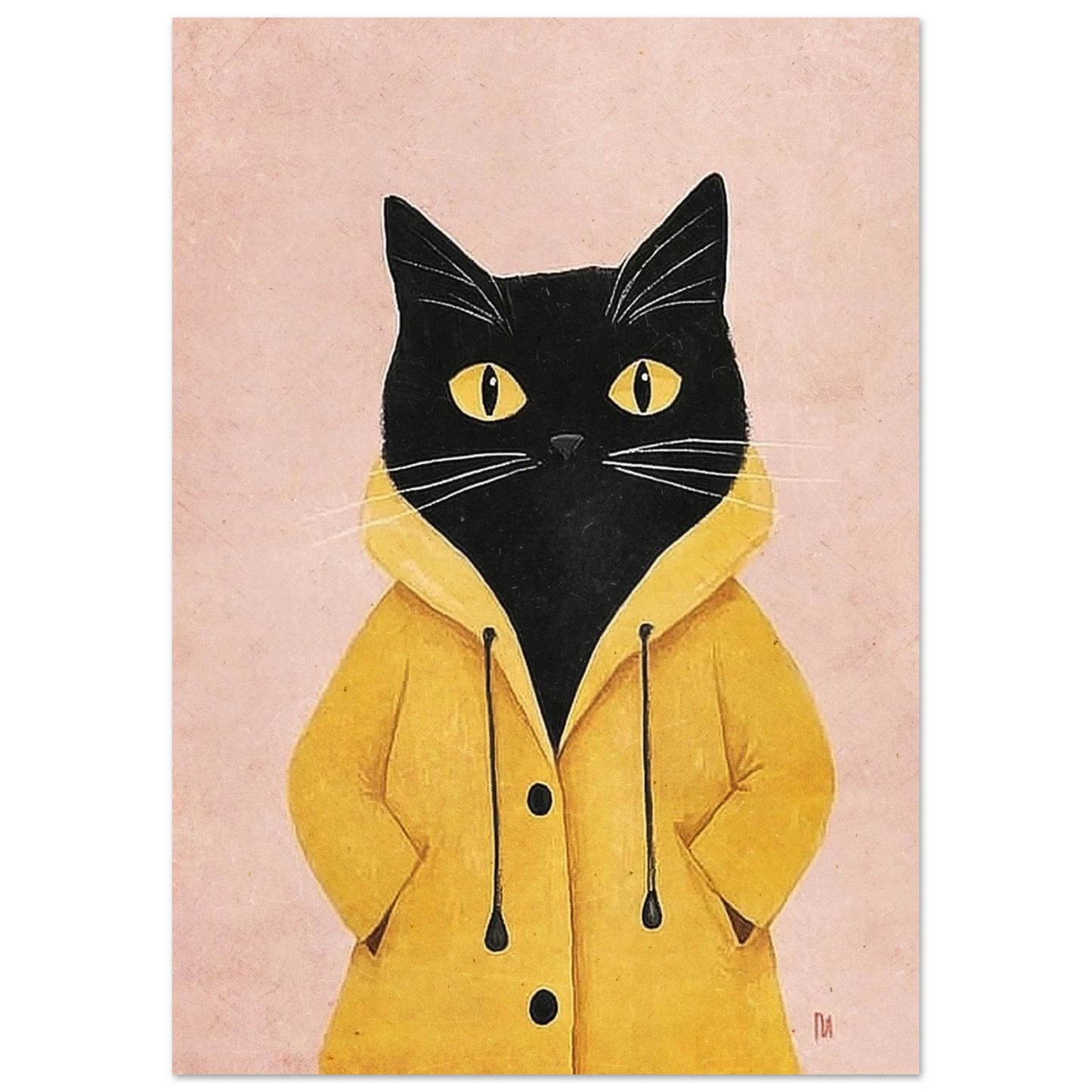 Illustration av katt i regnkläder, modern väggkonst för djurälskare