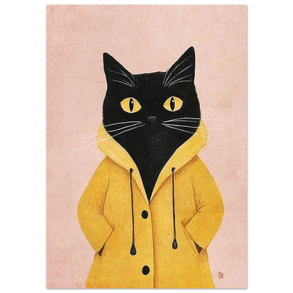 Illustration av katt i regnkläder, modern väggkonst för djurälskare