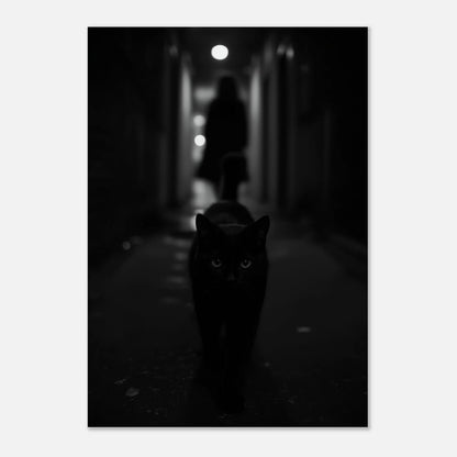 Konstnärligt fotografi av svart katt i en dimmig stadsmiljö
