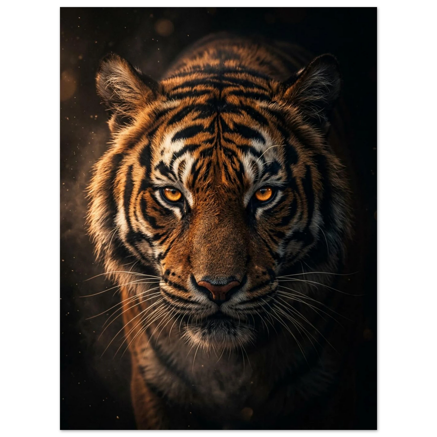 Intensiv tiger blickar framåt ur mörkret med glödande ögon.
