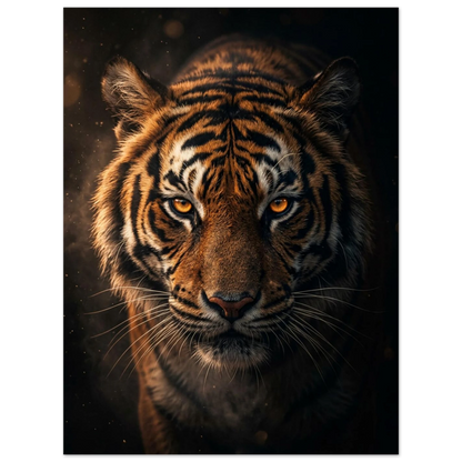 Intensiv tiger blickar framåt ur mörkret med glödande ögon.
