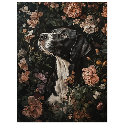 Mörk djurposter föreställande en pointerhund bland vintage-inspirerade blommor