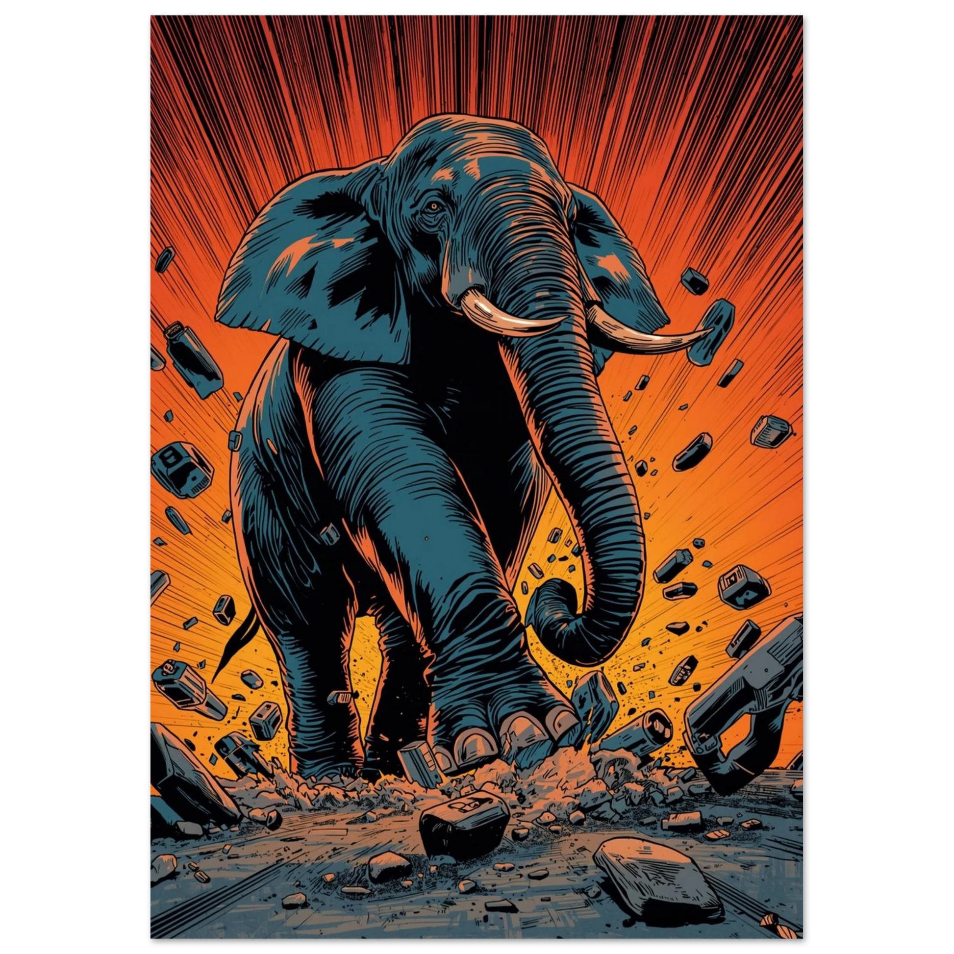 Serieinspirerad tavla av en elefant som stormar framåt i blåa toner