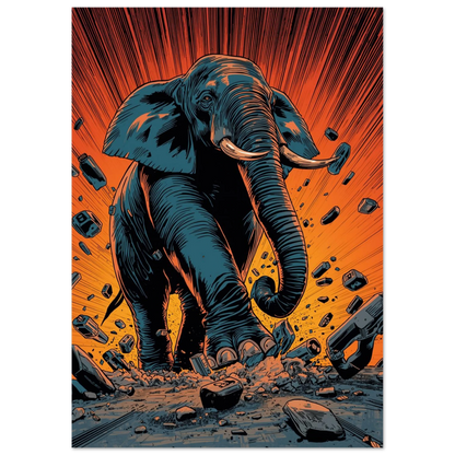Serieinspirerad tavla av en elefant som stormar framåt i blåa toner