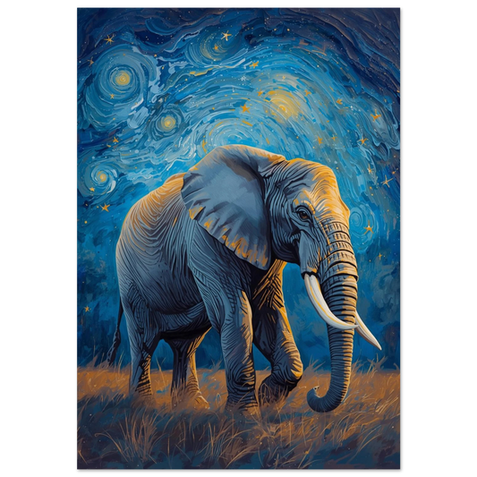 Elefant under en virvlande blå stjärnhimmel i Van Gogh-stil – djurposter