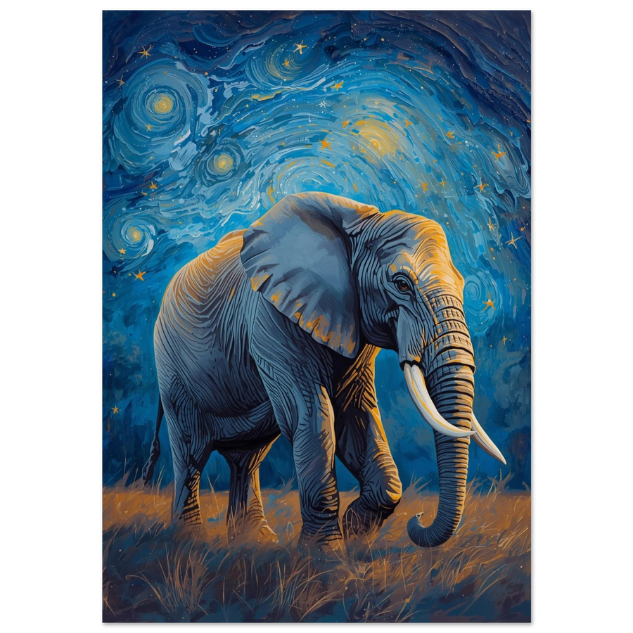 Elefant under en virvlande blå stjärnhimmel i Van Gogh-stil – djurposter