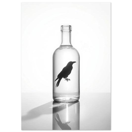 Svart korpsiluett inuti en genomskinlig glasflaska, minimalistisk svartvit djurposter