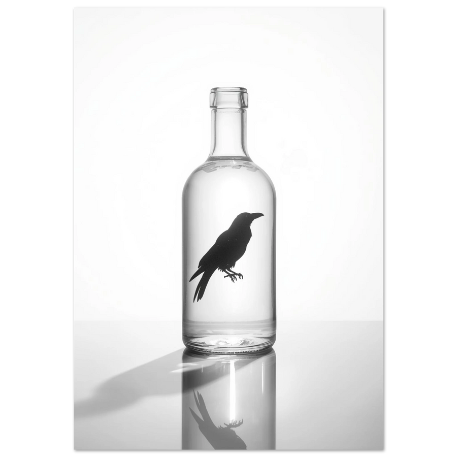 Svart korpsiluett inuti en genomskinlig glasflaska, minimalistisk svartvit djurposter