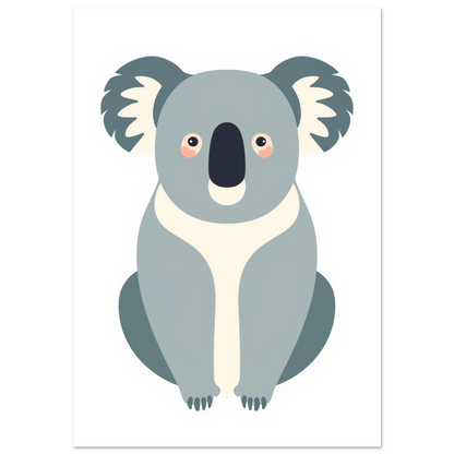 Söt grå koala i platt ikonstil mot vit bakgrund – barnrumsposter