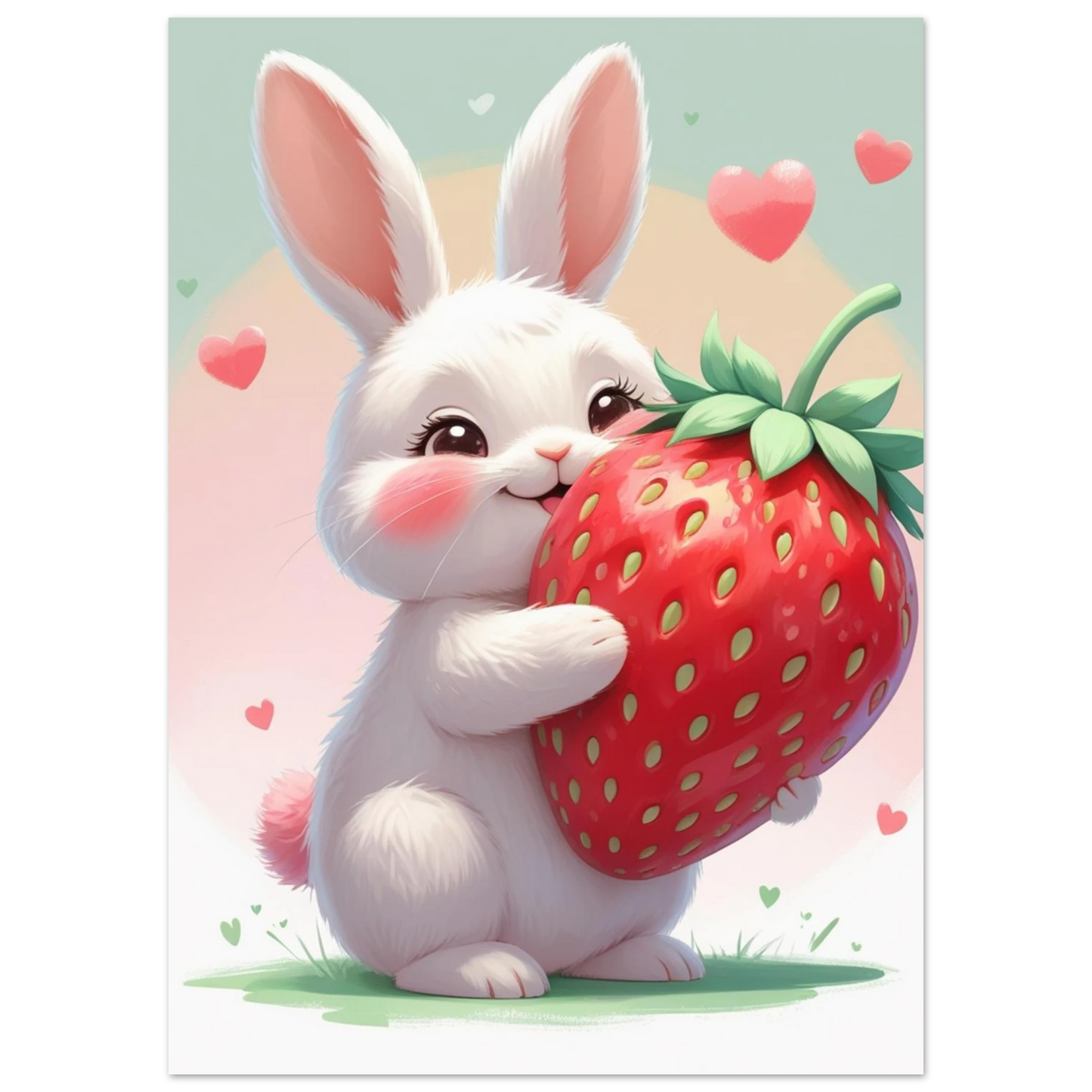 Fluffig kaninunge som kramar en röd jordgubbe – digital illustration