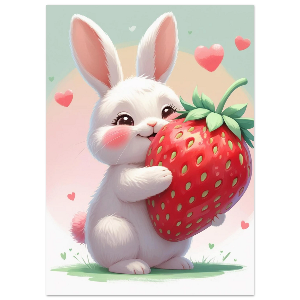 Fluffig kaninunge som kramar en röd jordgubbe – digital illustration