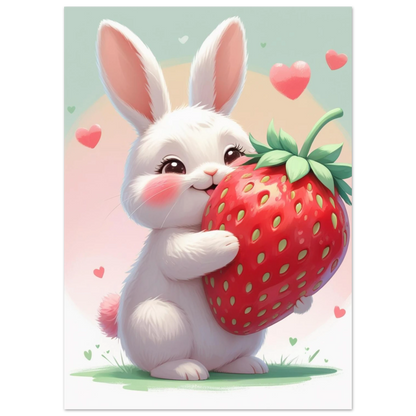 Fluffig kaninunge som kramar en röd jordgubbe – digital illustration