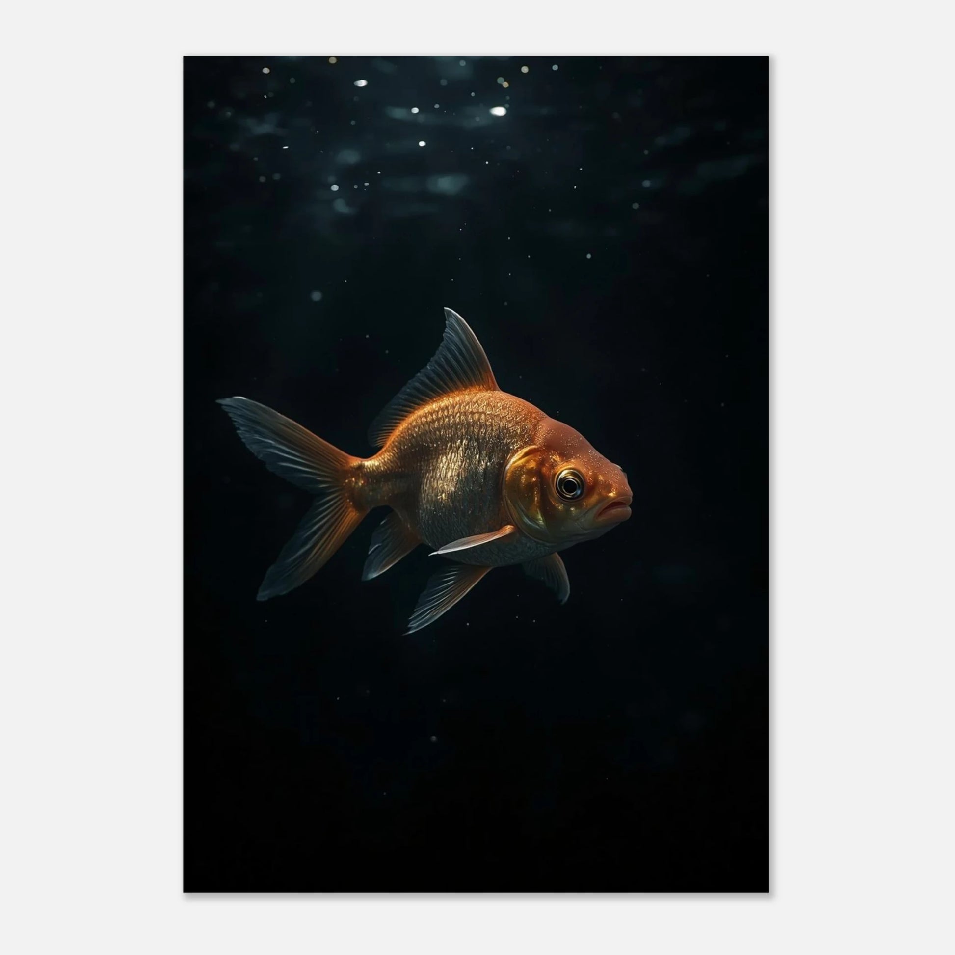 Elegant guldfiskposter med dramatiska kontraster och gyllene fjäll i fokus