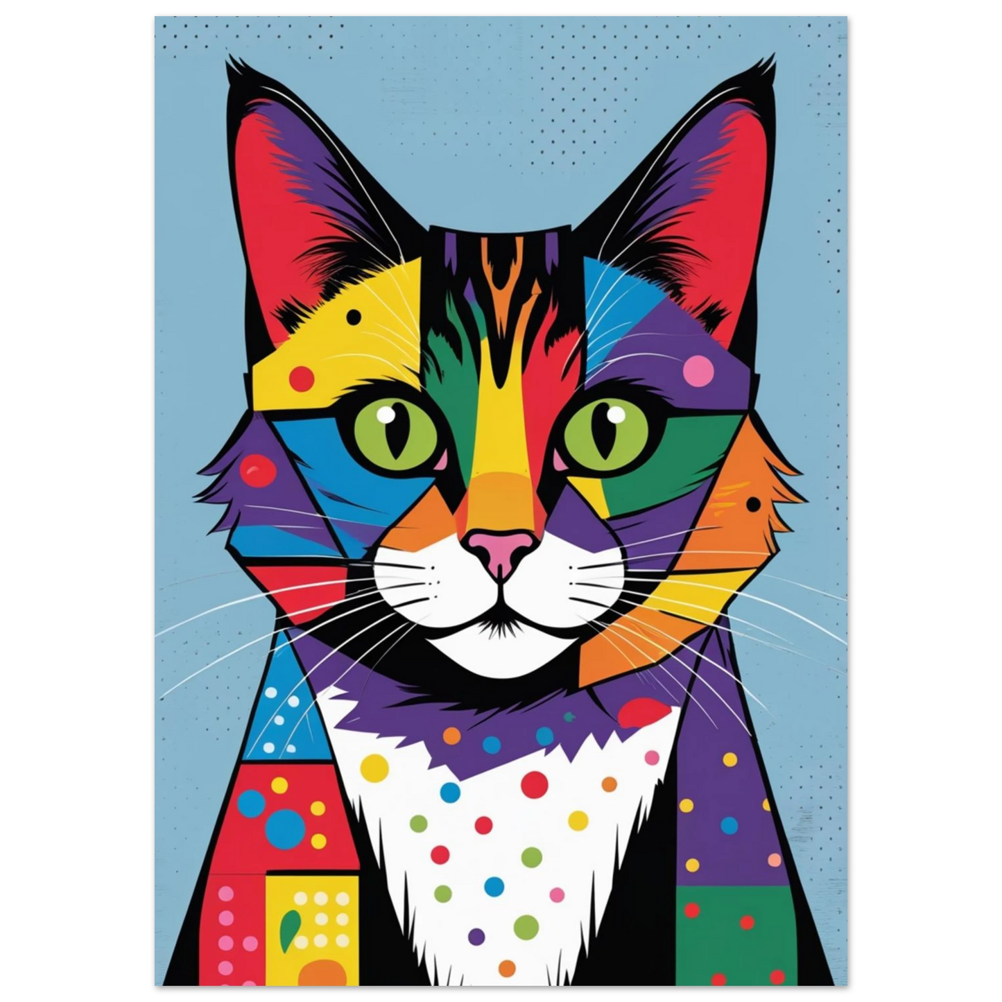 Pop art-tavla av en katt med regnbågsfärgade fält och prickiga detaljer