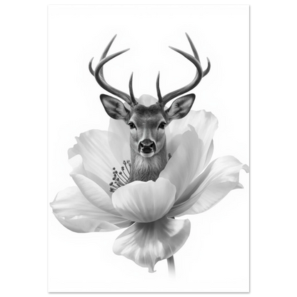 Svartvit hjort i en stor blomma – konstnärlig djurposter med hög kontrast