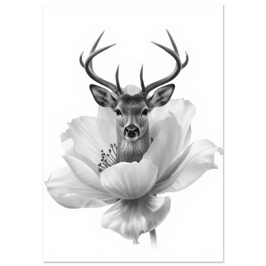 Svartvit hjort i en stor blomma – konstnärlig djurposter med hög kontrast