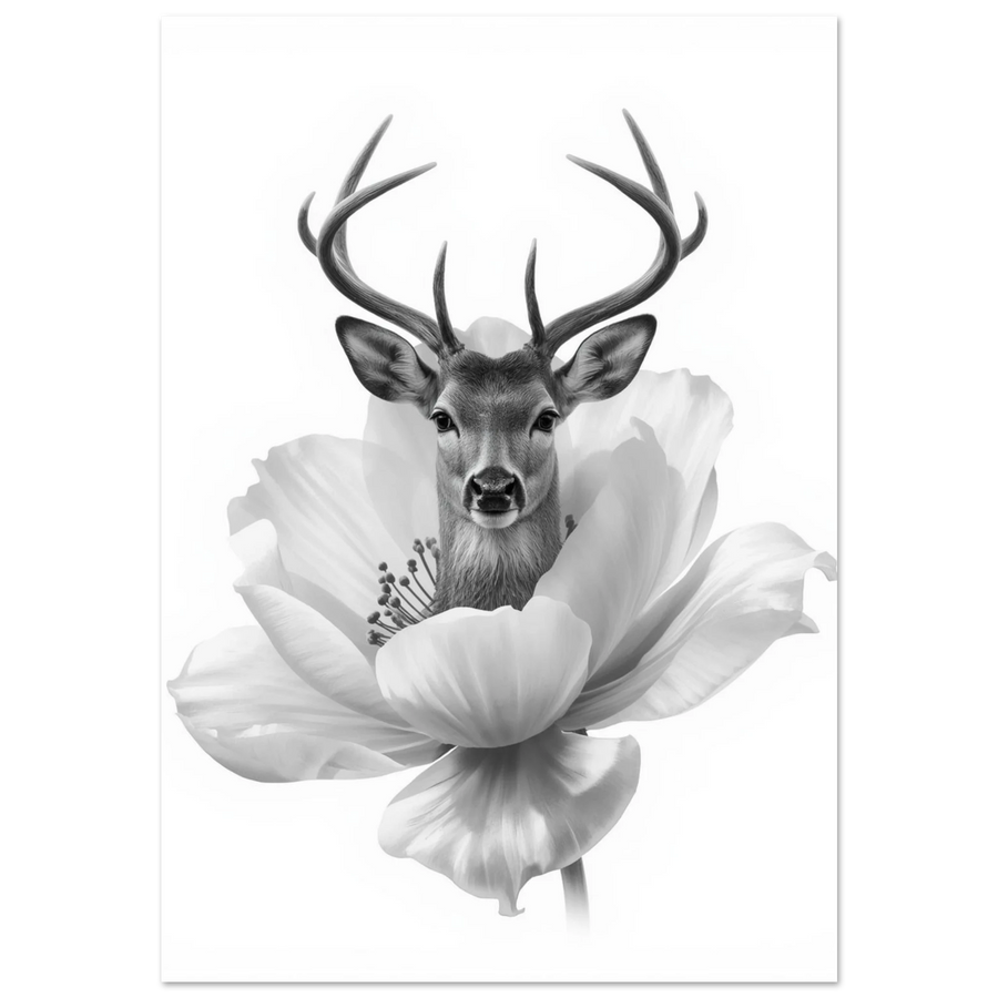 Svartvit hjort i en stor blomma – konstnärlig djurposter med hög kontrast